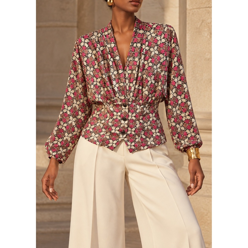 127 Vintage Pierre Balmain Paris Geometric Print Blouse Pink Brown Fitted Waist